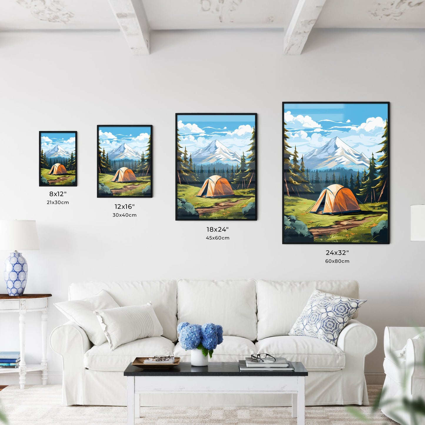 Tent In A Forest With Trees And Mountains In The Background Art Print Default Title