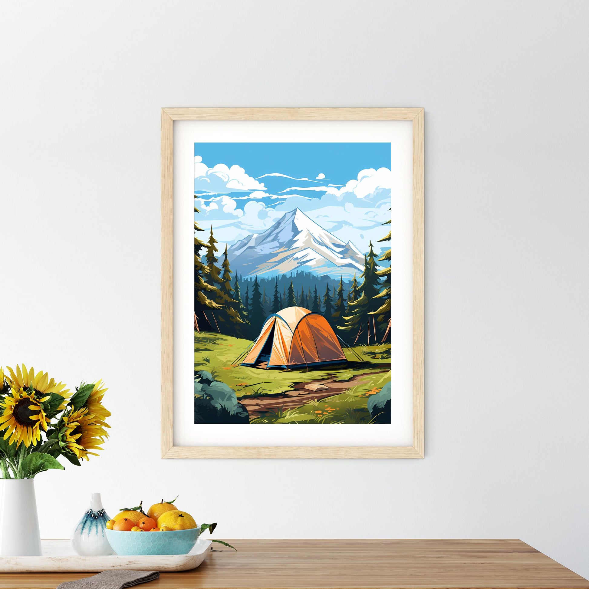 Tent In A Forest With Trees And Mountains In The Background Art Print Default Title