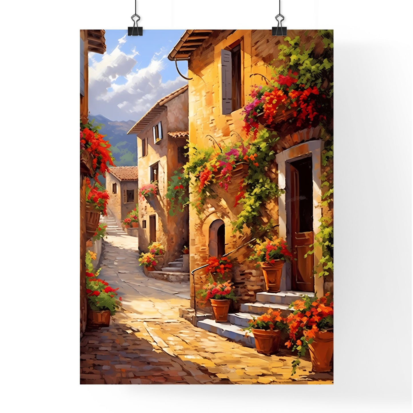 Painting Of A Street With Flowers On The Side Art Print Default Title