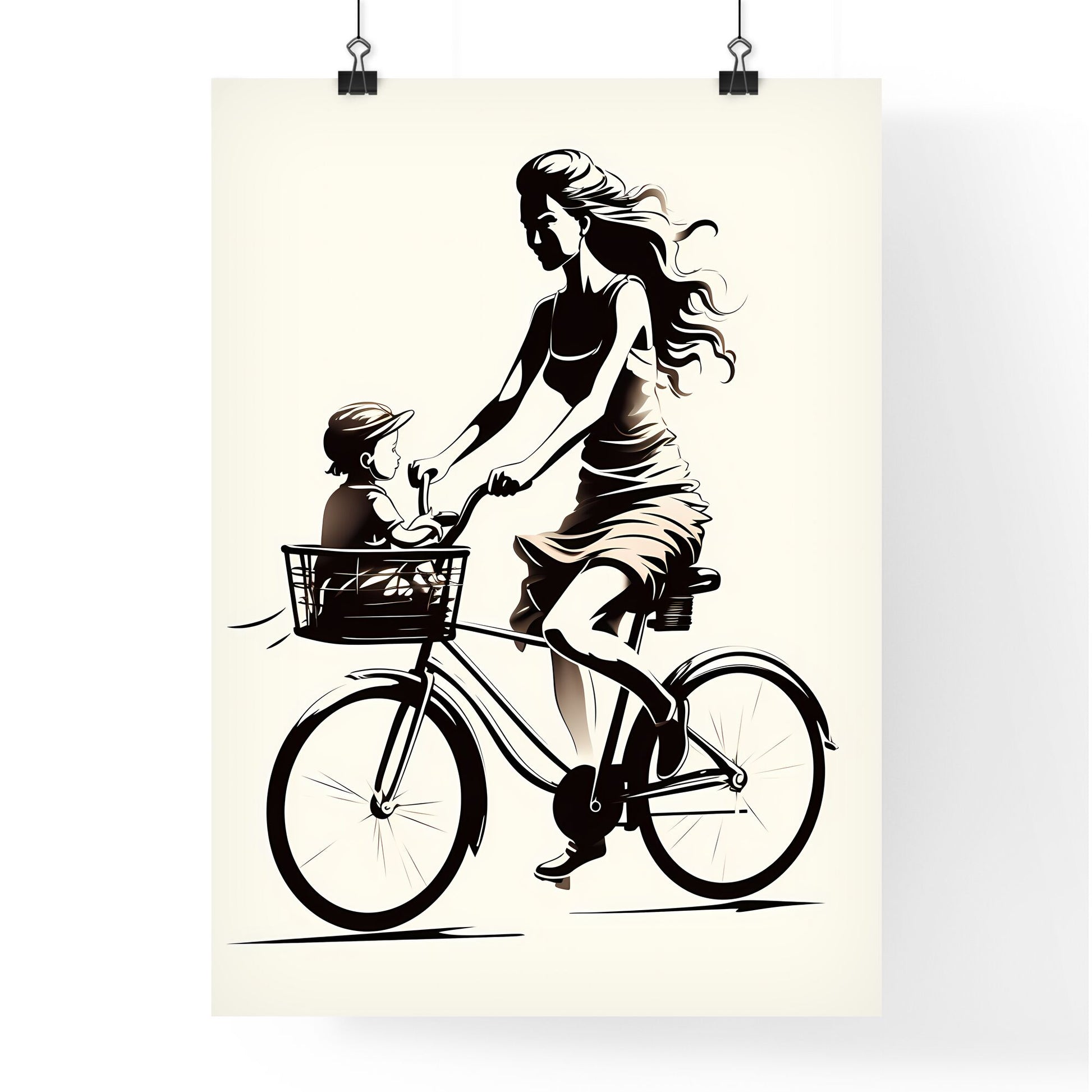 Woman Riding A Bicycle With A Child In A Basket Art Print Default Title