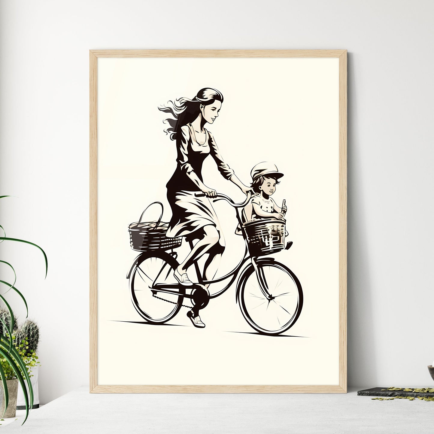 Woman Riding A Bicycle With A Child In Baskets Art Print Default Title