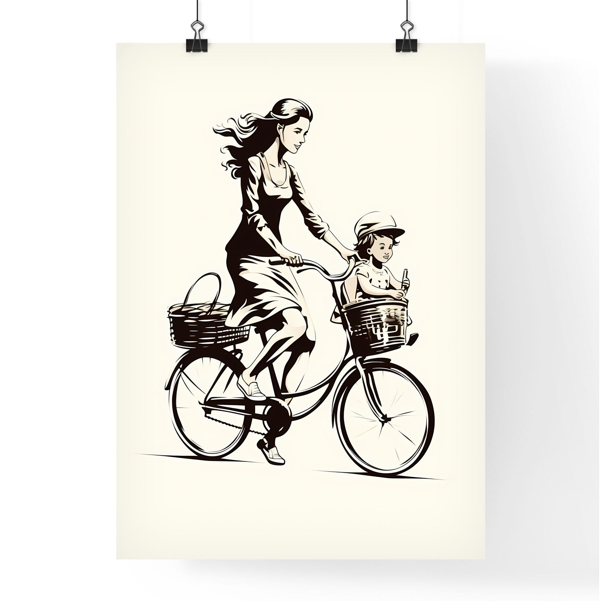 Woman Riding A Bicycle With A Child In Baskets Art Print Default Title