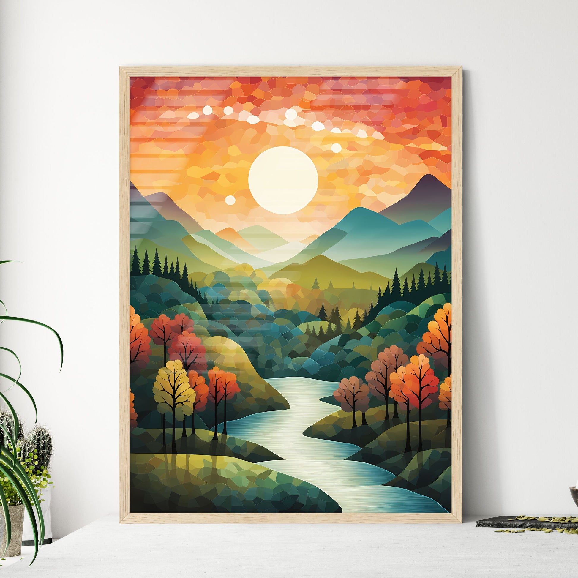 River Running Through A Valley With Trees And Mountains Art Print Default Title