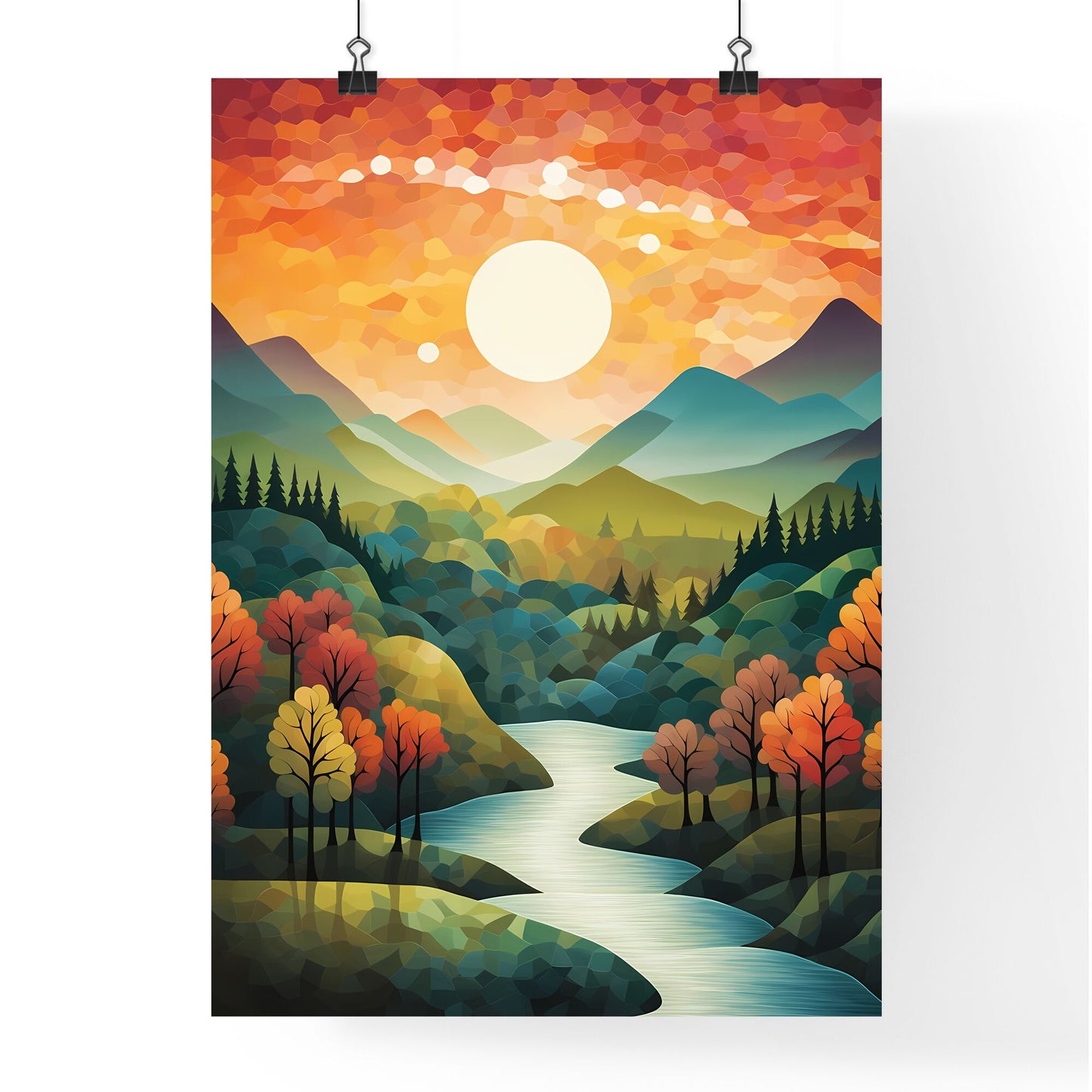 River Running Through A Valley With Trees And Mountains Art Print Default Title