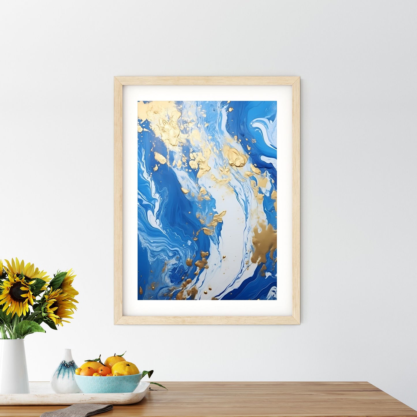 Blue And White Liquid With Gold Splatters Art Print Default Title