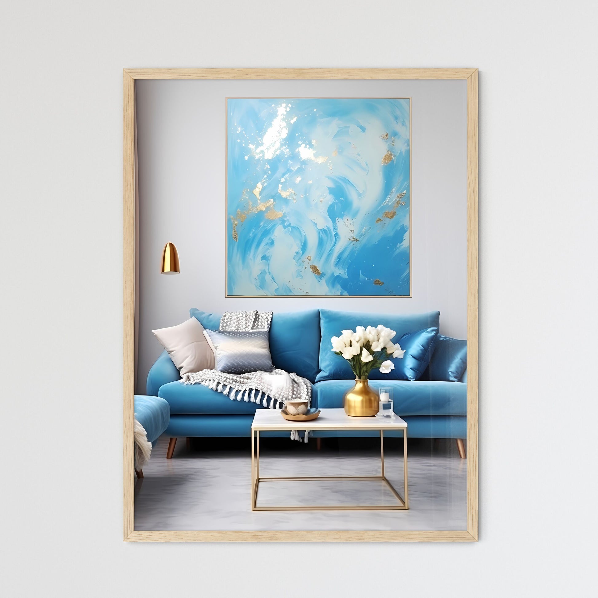 Blue And Gold Living Room With A Blue Couch And A Painting On The Wall Art Print Default Title