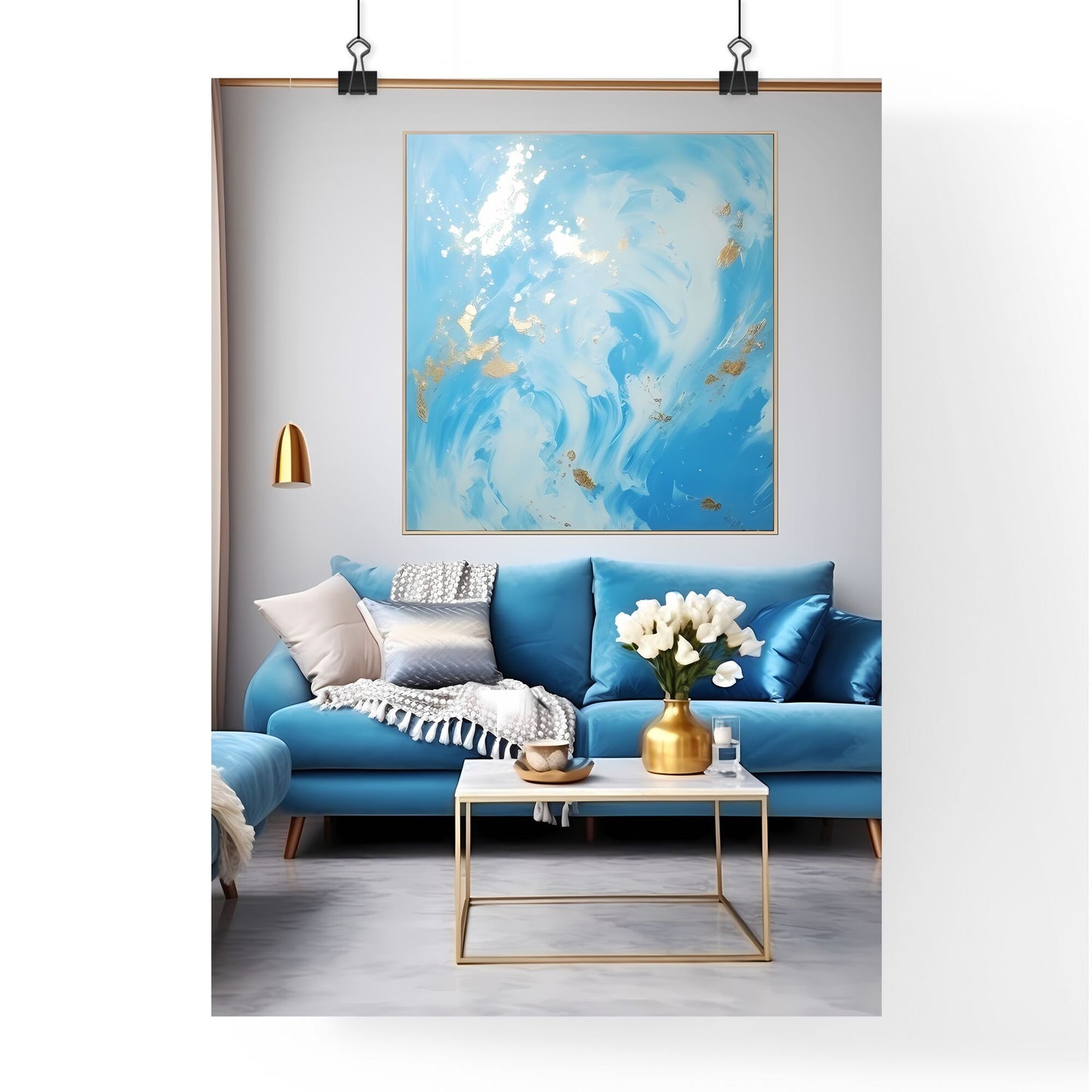 Blue And Gold Living Room With A Blue Couch And A Painting On The Wall Art Print Default Title
