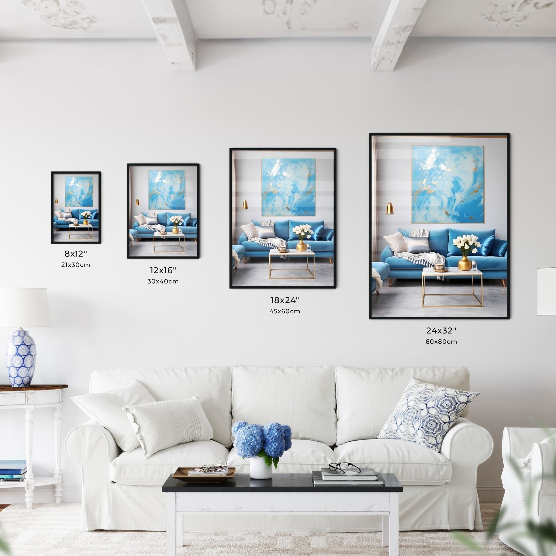 Blue And Gold Living Room With A Blue Couch And A Painting On The Wall Art Print Default Title