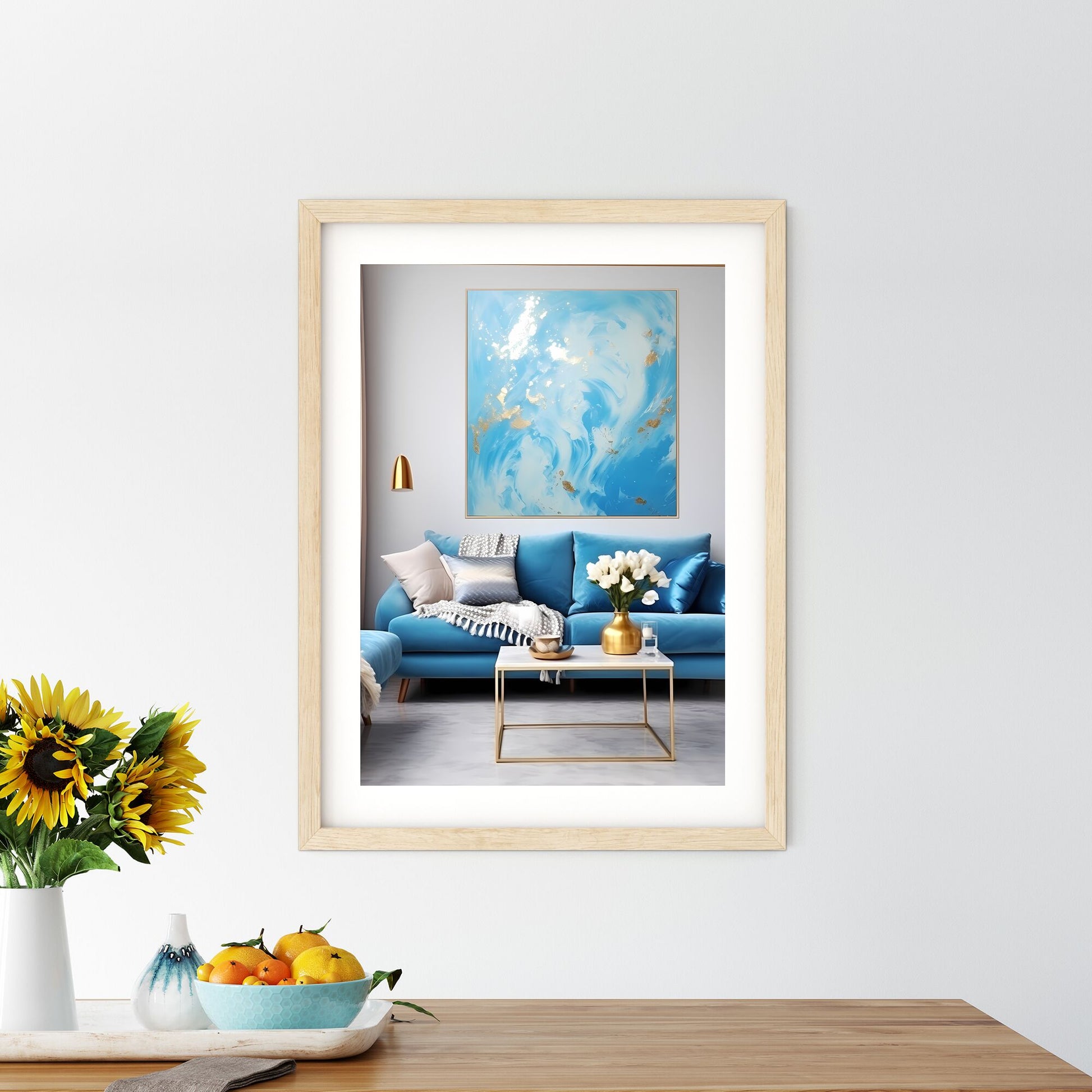 Blue And Gold Living Room With A Blue Couch And A Painting On The Wall Art Print Default Title