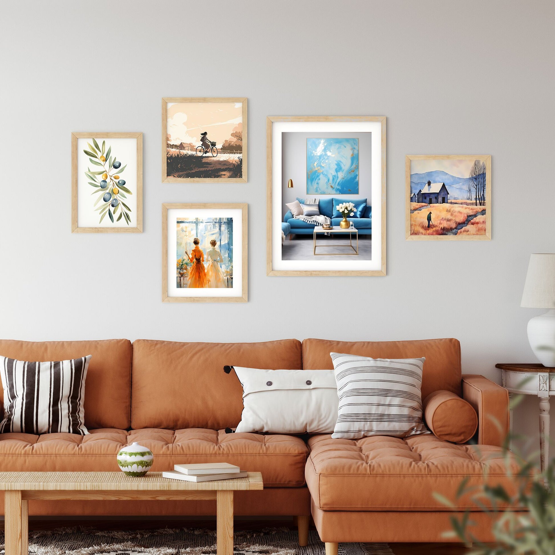 Blue And Gold Living Room With A Blue Couch And A Painting On The Wall Art Print Default Title