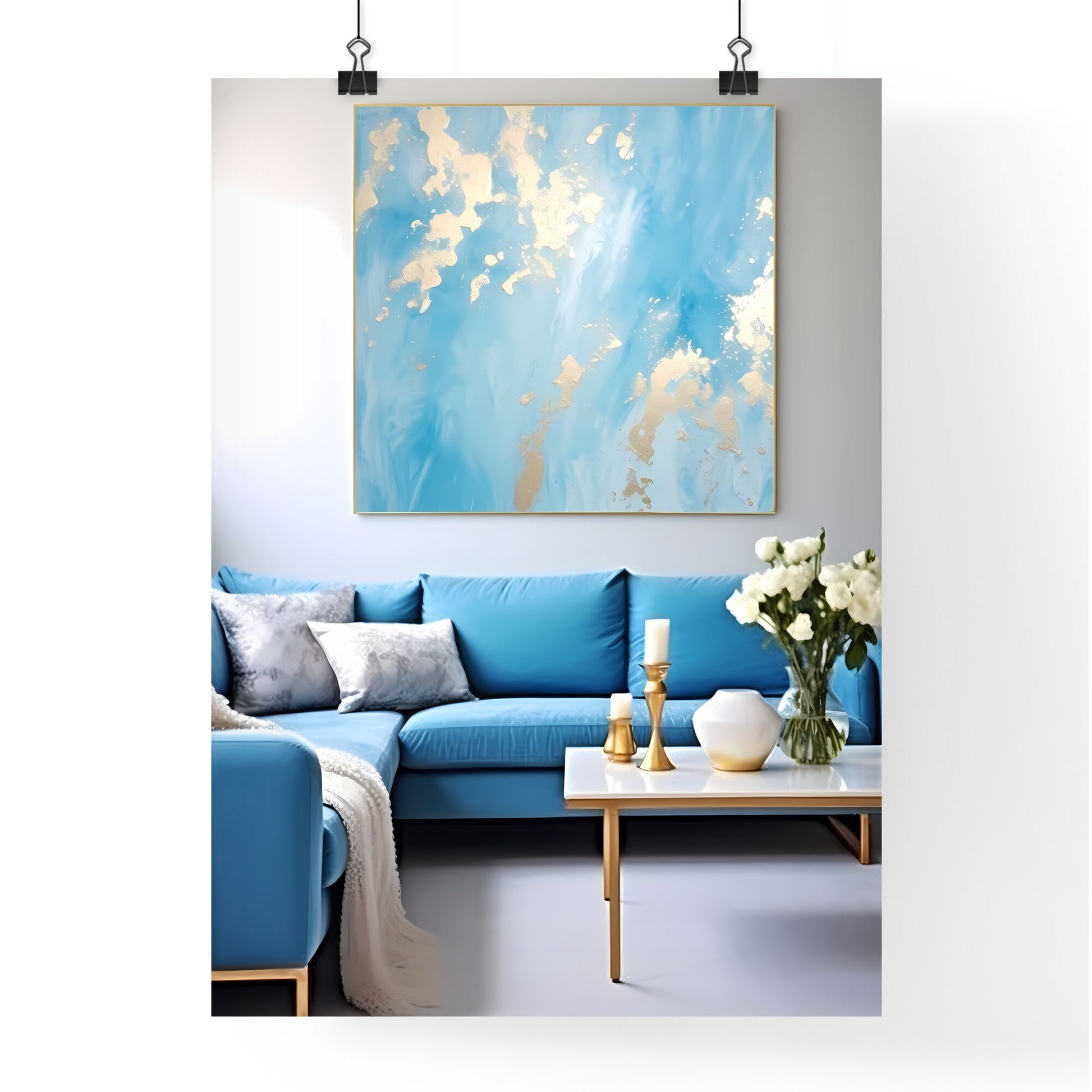 Blue Couch With Gold Accents Art Print Default Title