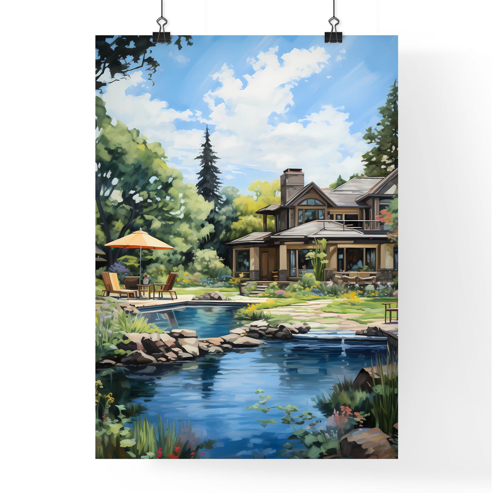 House With A Pond And A Patio Art Print Default Title