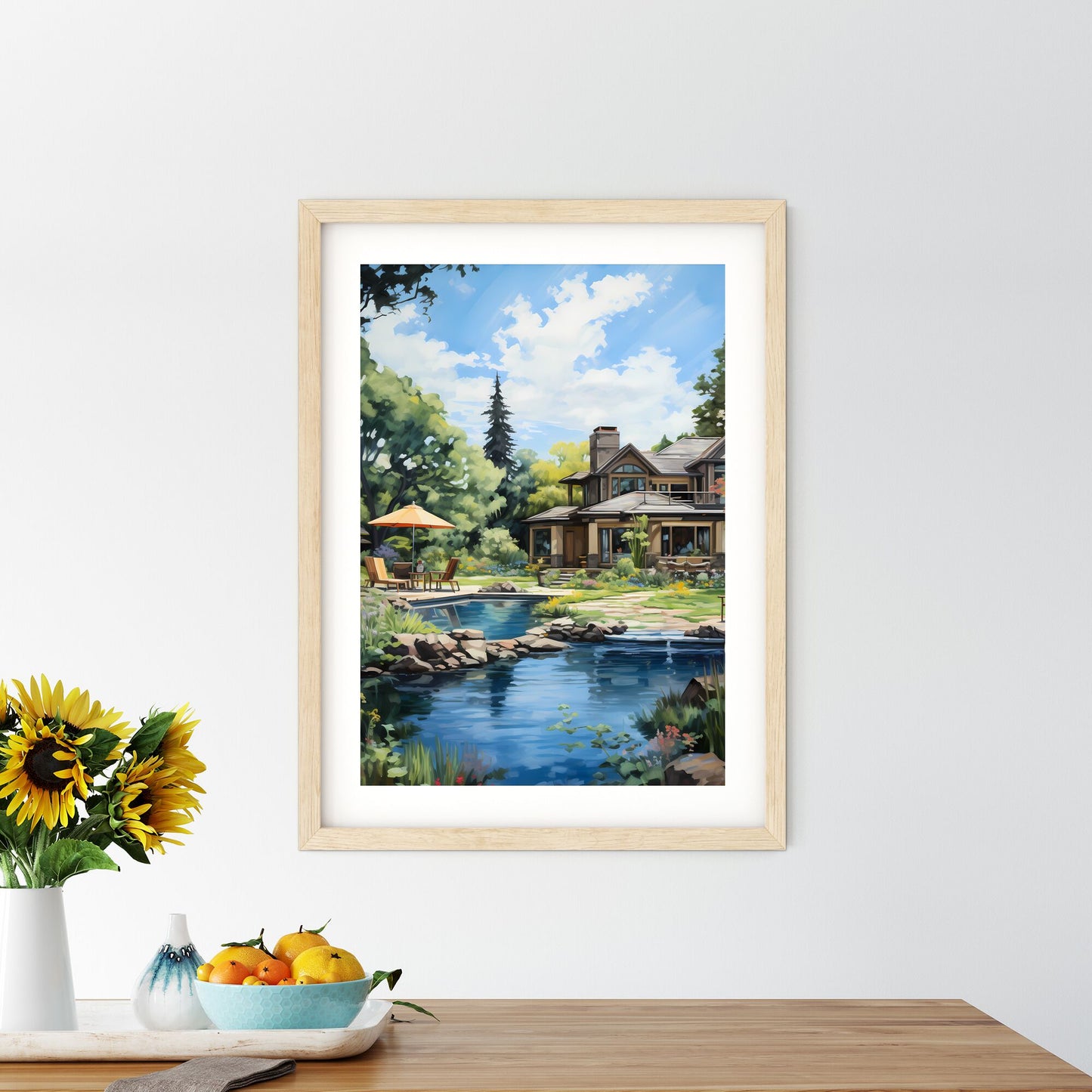 House With A Pond And A Patio Art Print Default Title