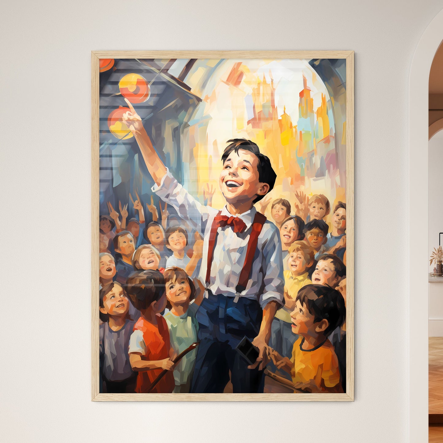 Boy In A Bow Tie And Suspenders Standing In Front Of A Crowd Of Children Art Print Default Title