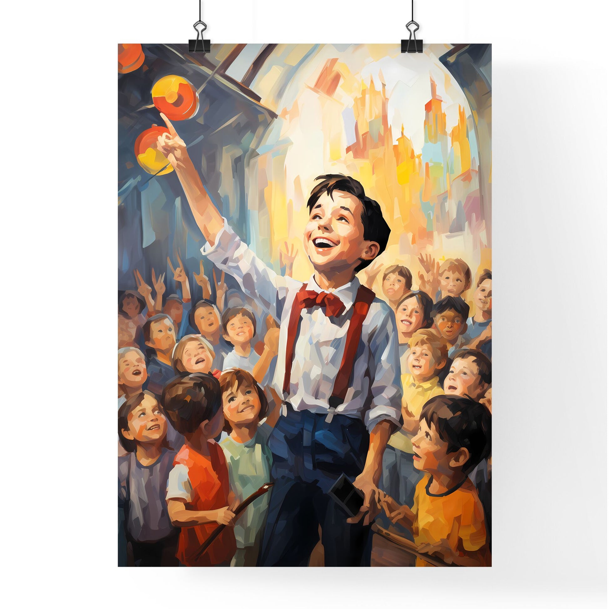 Boy In A Bow Tie And Suspenders Standing In Front Of A Crowd Of Children Art Print Default Title