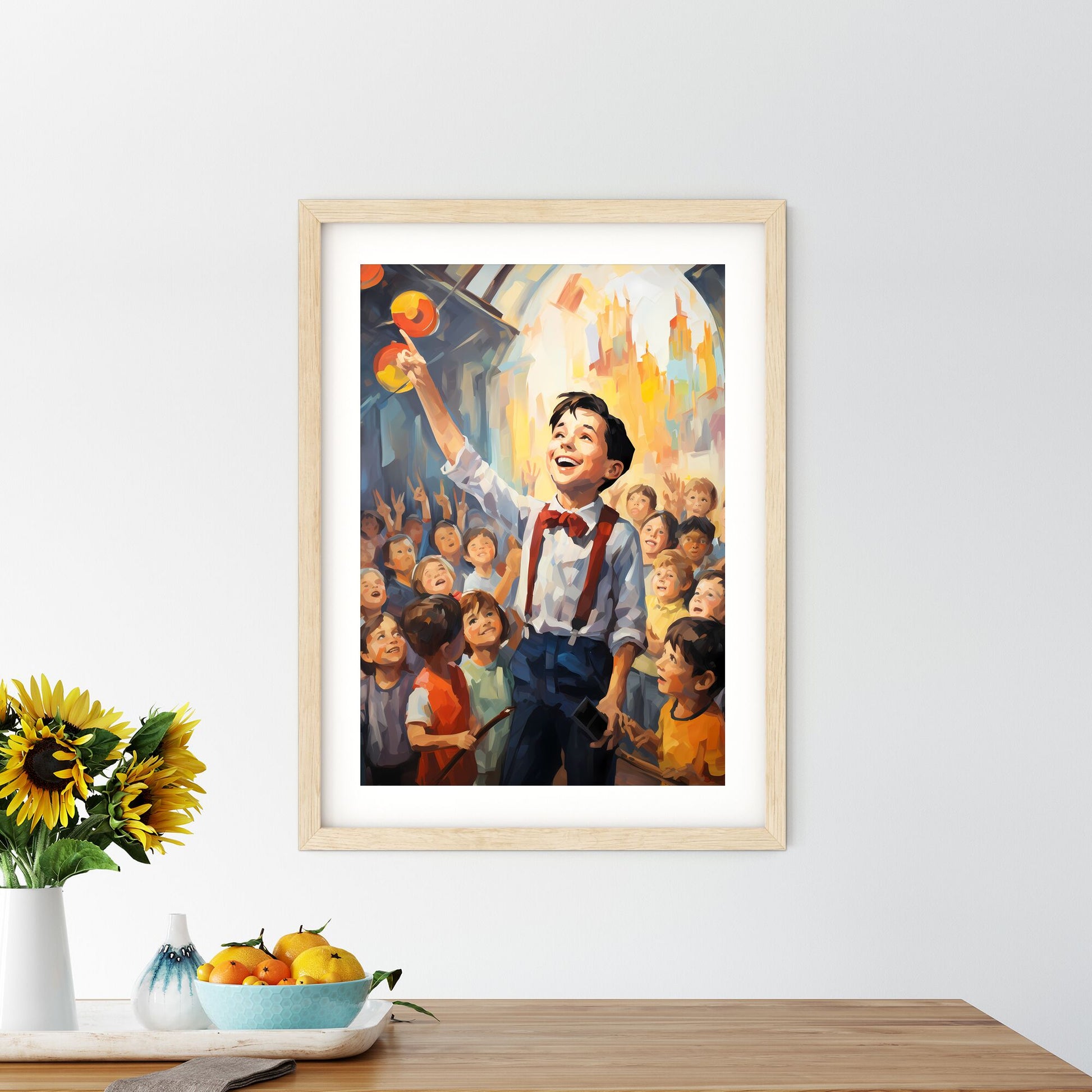 Boy In A Bow Tie And Suspenders Standing In Front Of A Crowd Of Children Art Print Default Title