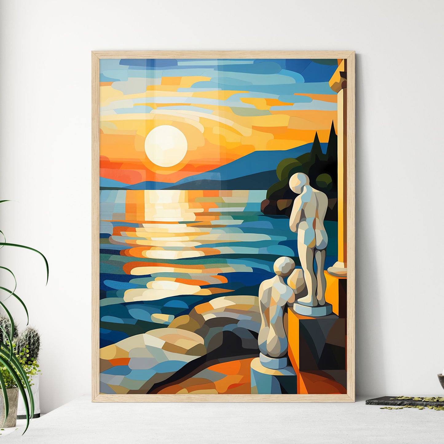 Painting Of A Couple Of Statues On A Rocky Shore Art Print Default Title