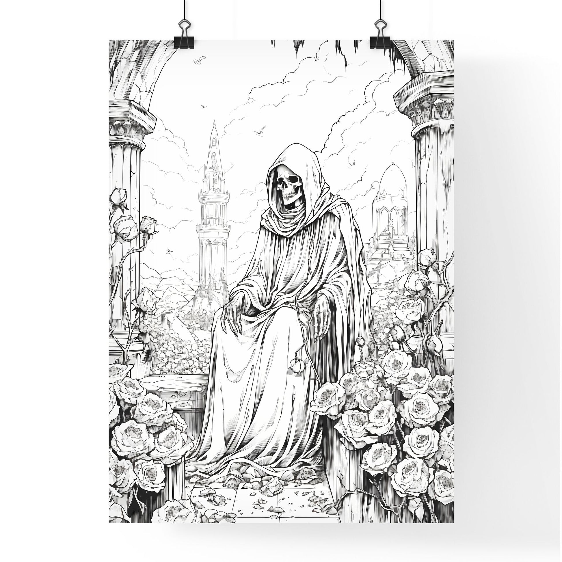 Skeleton In A Robe Sitting On A Stone Ledge With Roses Art Print Default Title