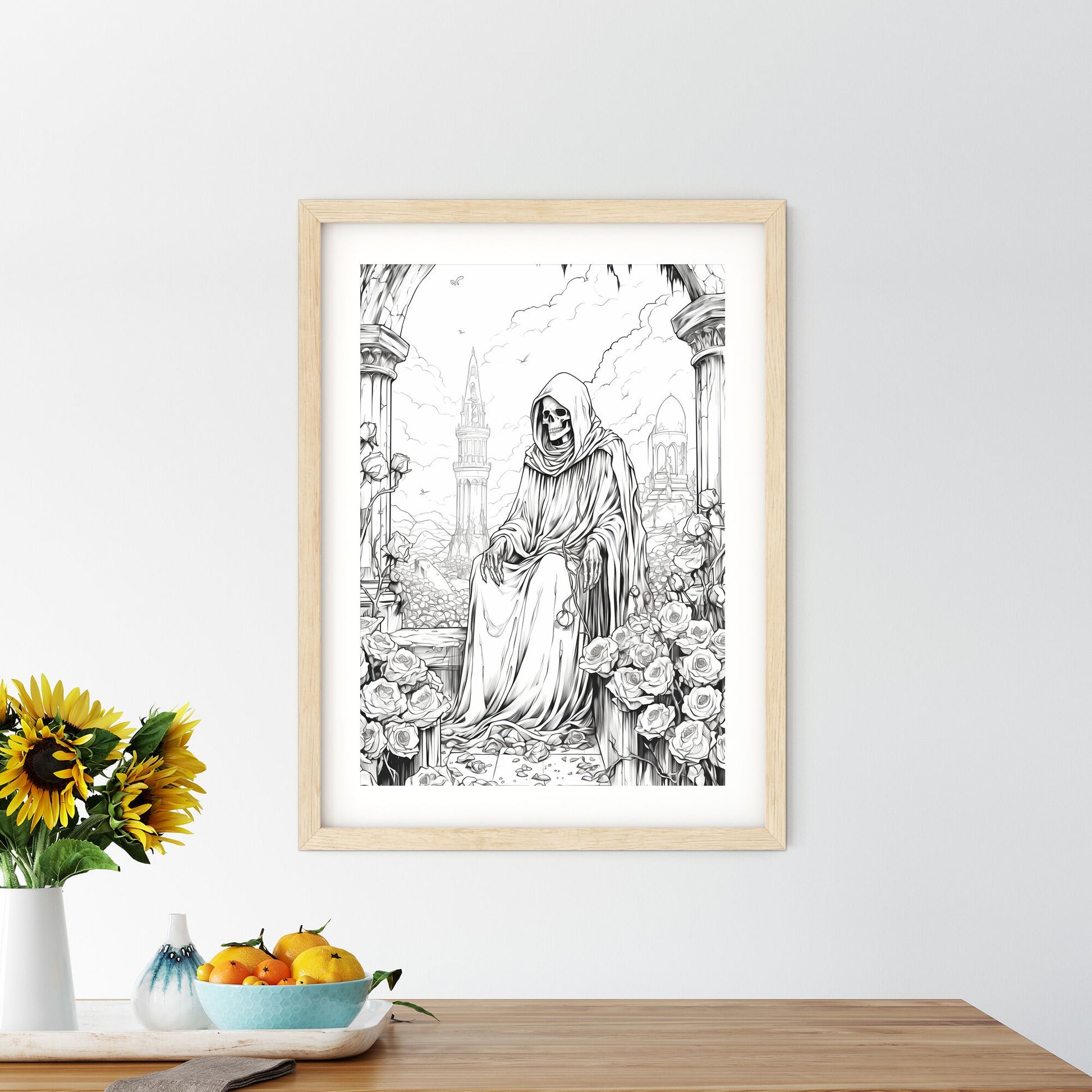 Skeleton In A Robe Sitting On A Stone Ledge With Roses Art Print Default Title