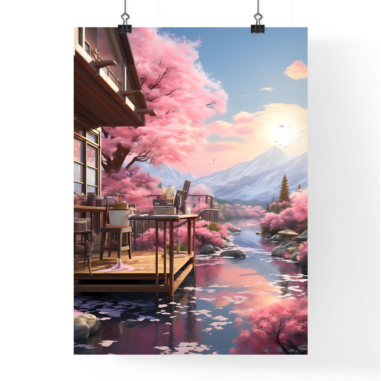 House With Pink Flowers On The Side Of The Water Art Print Default Title