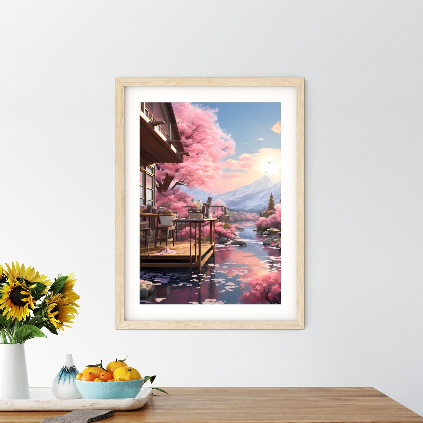 House With Pink Flowers On The Side Of The Water Art Print Default Title