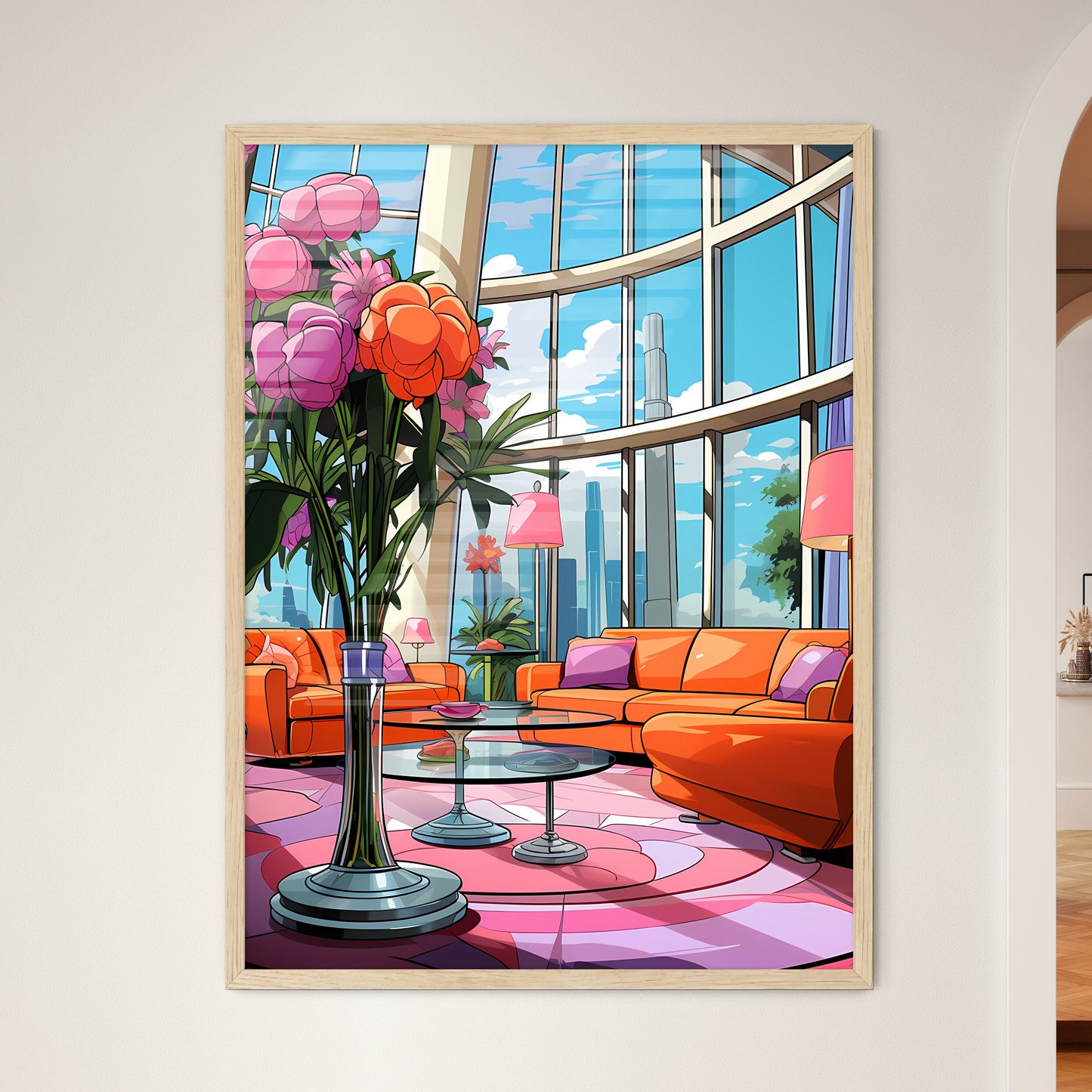 Living Room With Orange Couches And Flowers Art Print Default Title