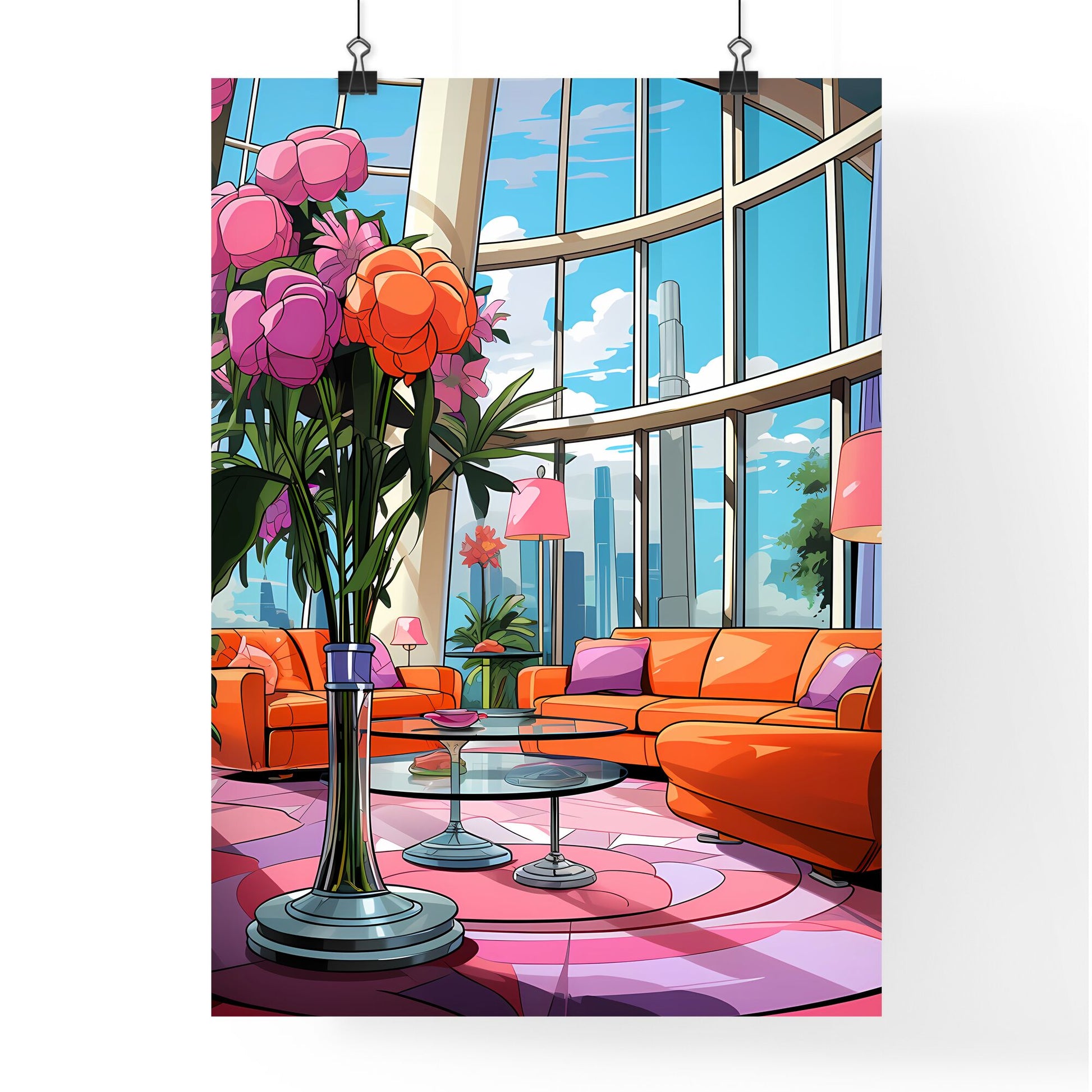 Living Room With Orange Couches And Flowers Art Print Default Title