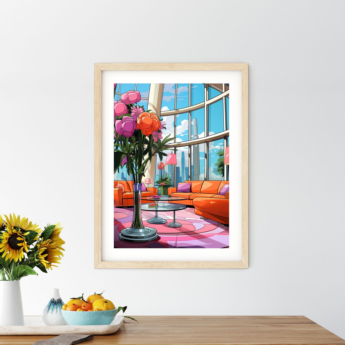 Living Room With Orange Couches And Flowers Art Print Default Title