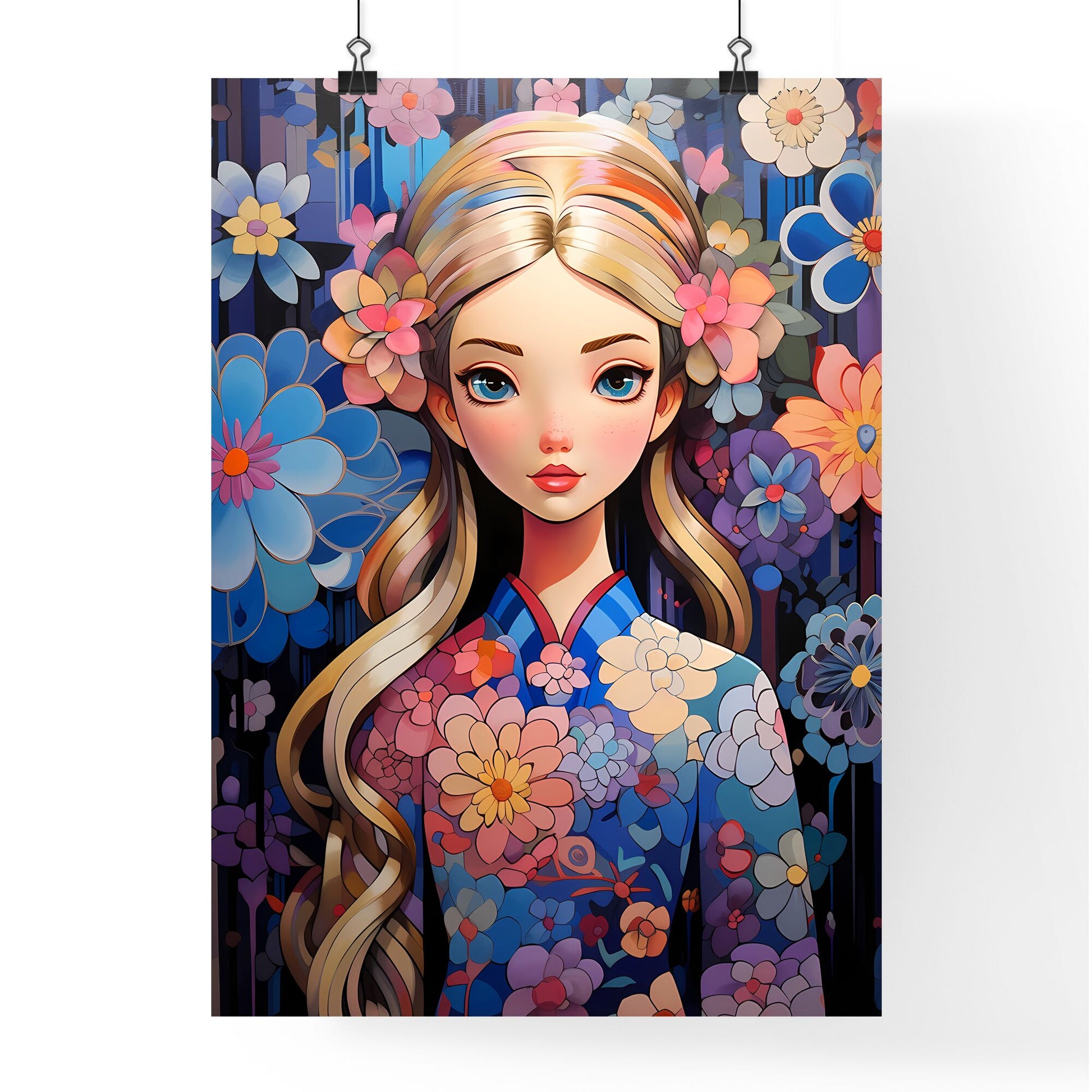 Cartoon Of A Woman With Flowers In Her Hair Art Print Default Title