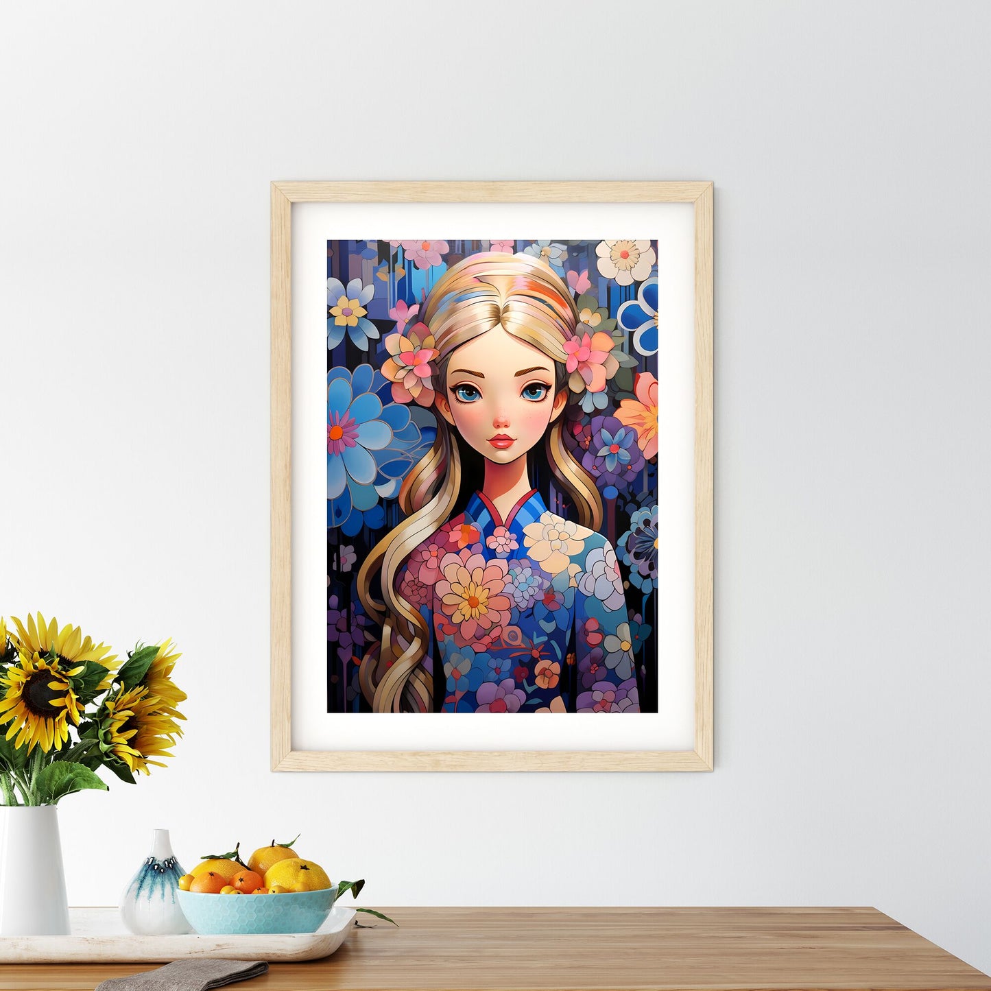 Cartoon Of A Woman With Flowers In Her Hair Art Print Default Title