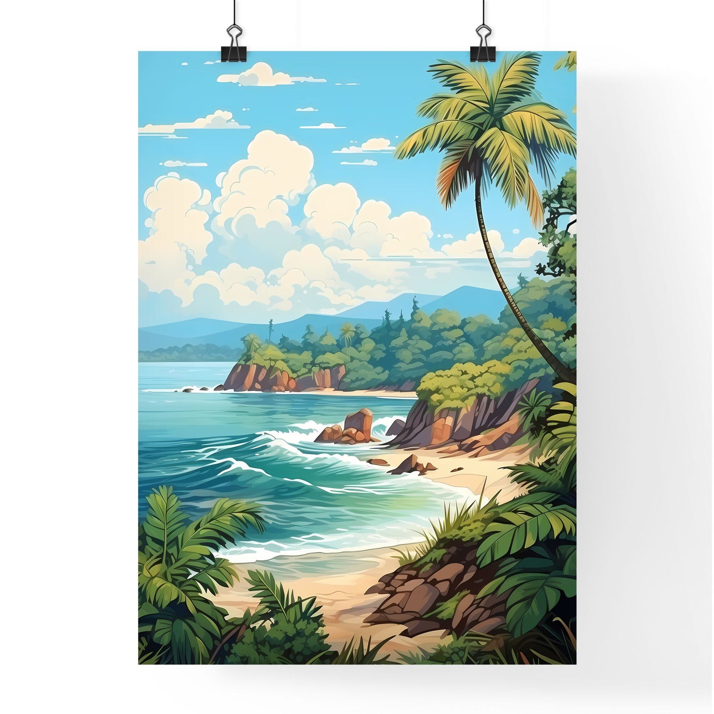 Beach With Palm Trees And Rocks Art Print Default Title