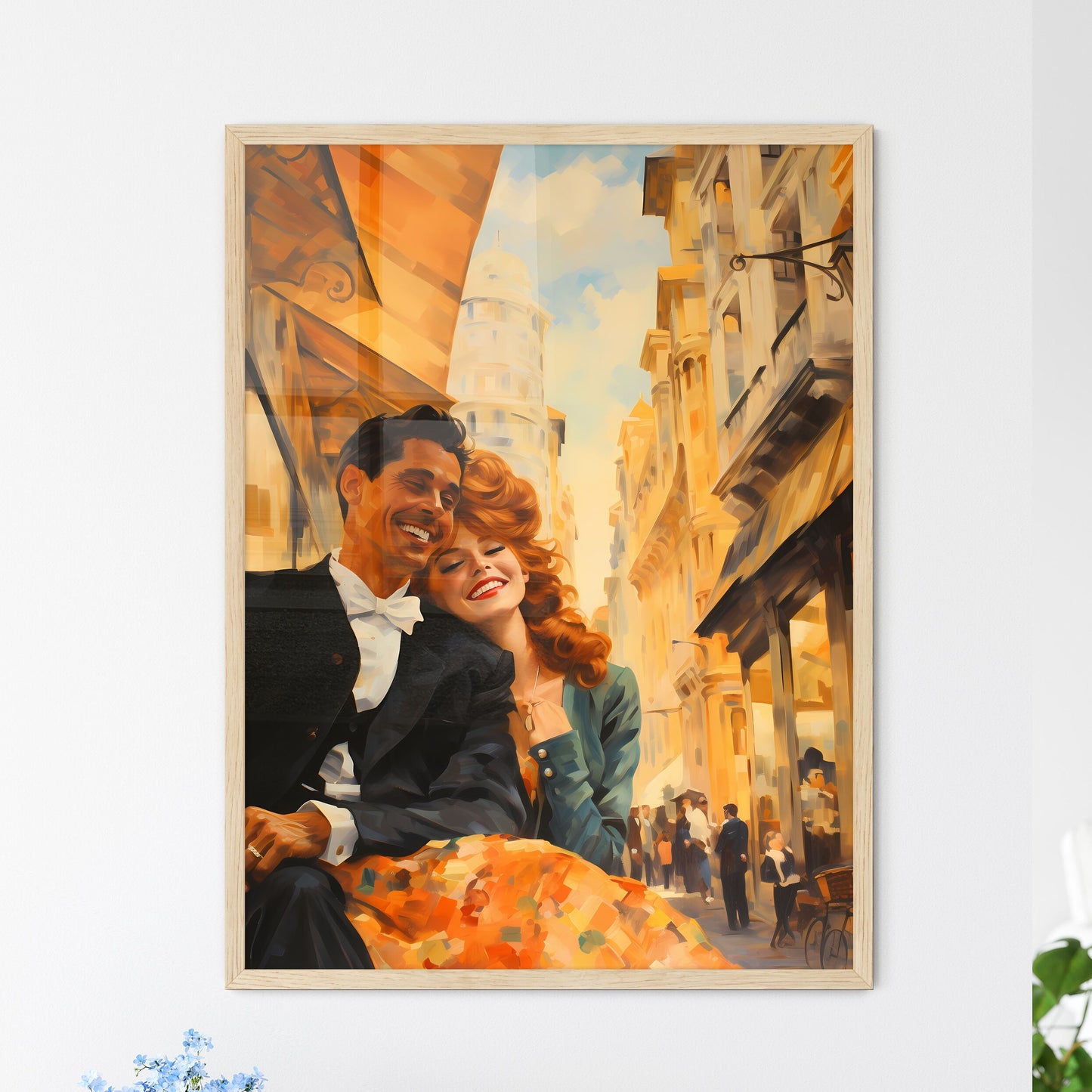 Man And Woman Smiling And Sitting On A Bench In A City Art Print Default Title