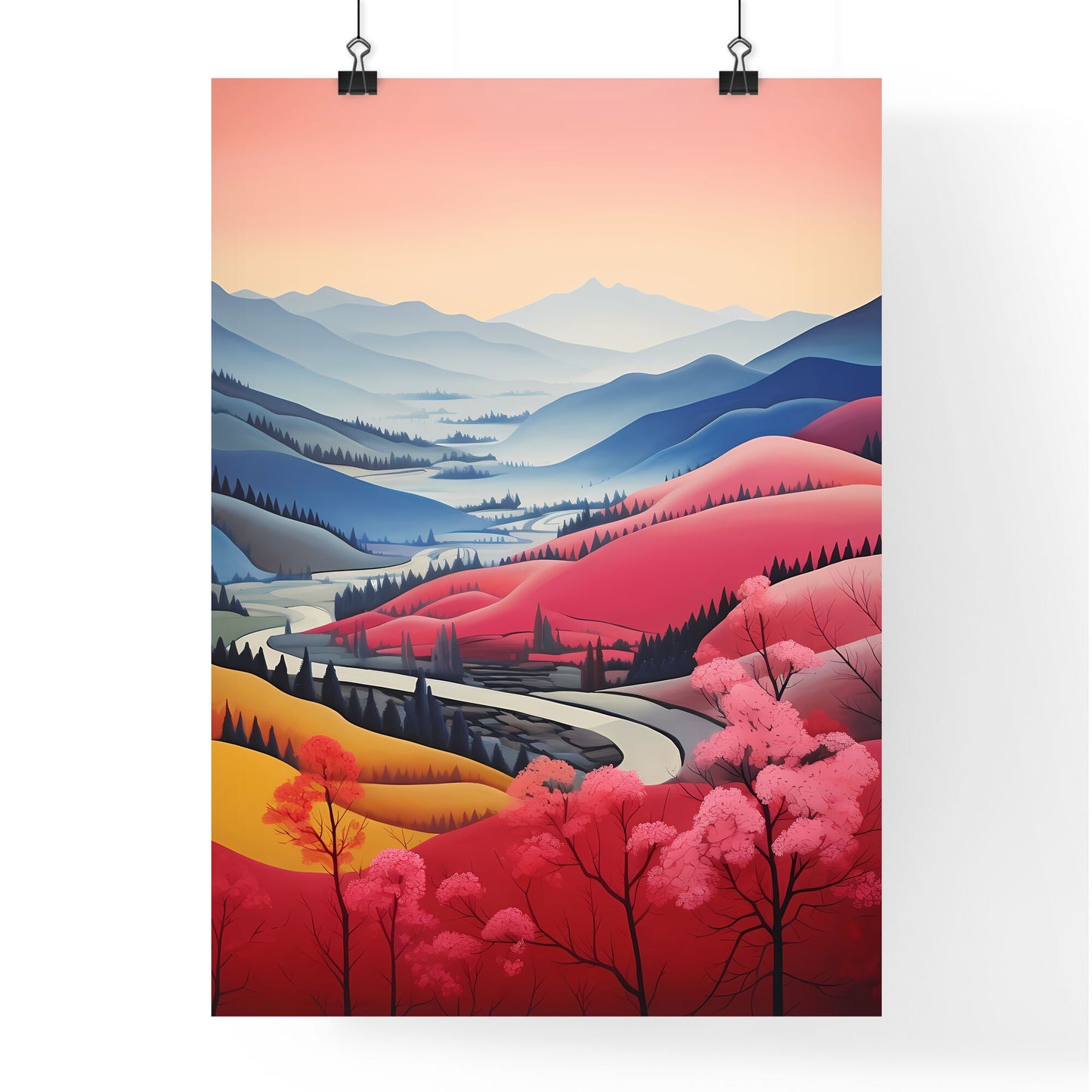 Landscape Of Mountains With Trees And A Road Art Print Default Title