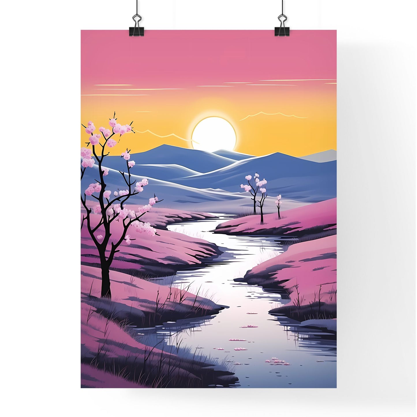 River Running Through A Valley With Pink Flowers Art Print Default Title