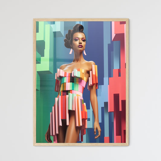 Woman Wearing A Dress Made Of Colorful Strips Art Print Default Title