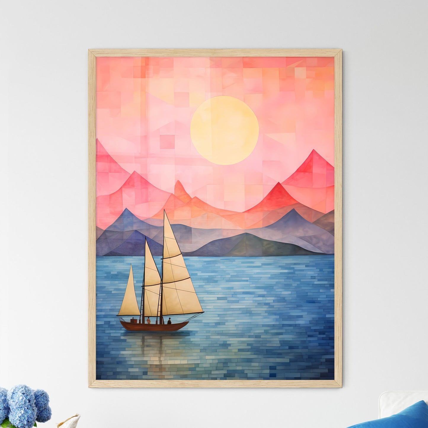 Painting Of A Sailboat In The Water With Mountains In The Background Art Print Default Title