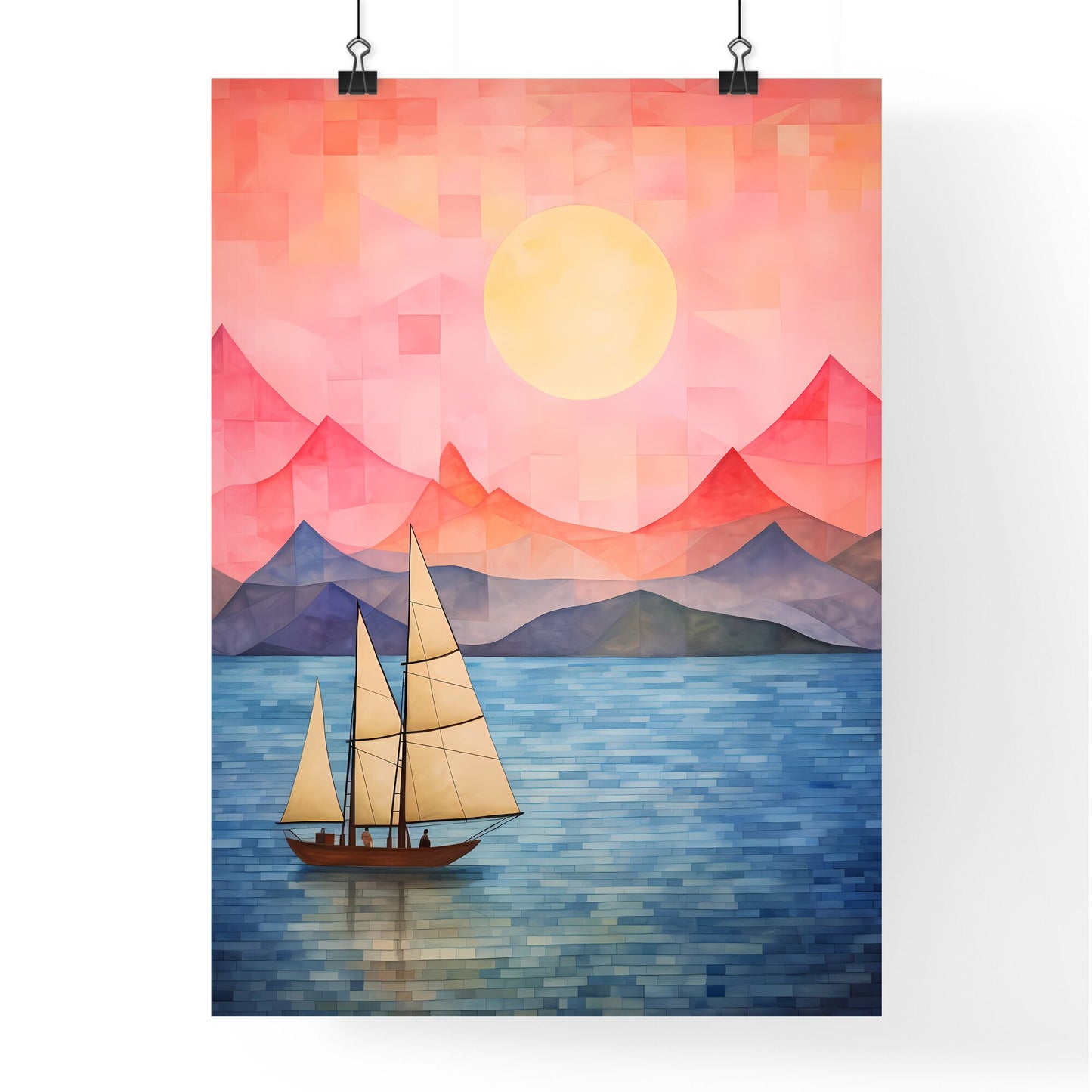 Painting Of A Sailboat In The Water With Mountains In The Background Art Print Default Title