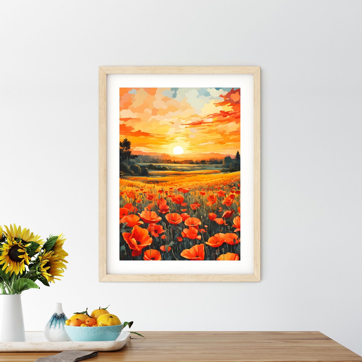 Field Of Flowers With A Sunset In The Background Art Print Default Title