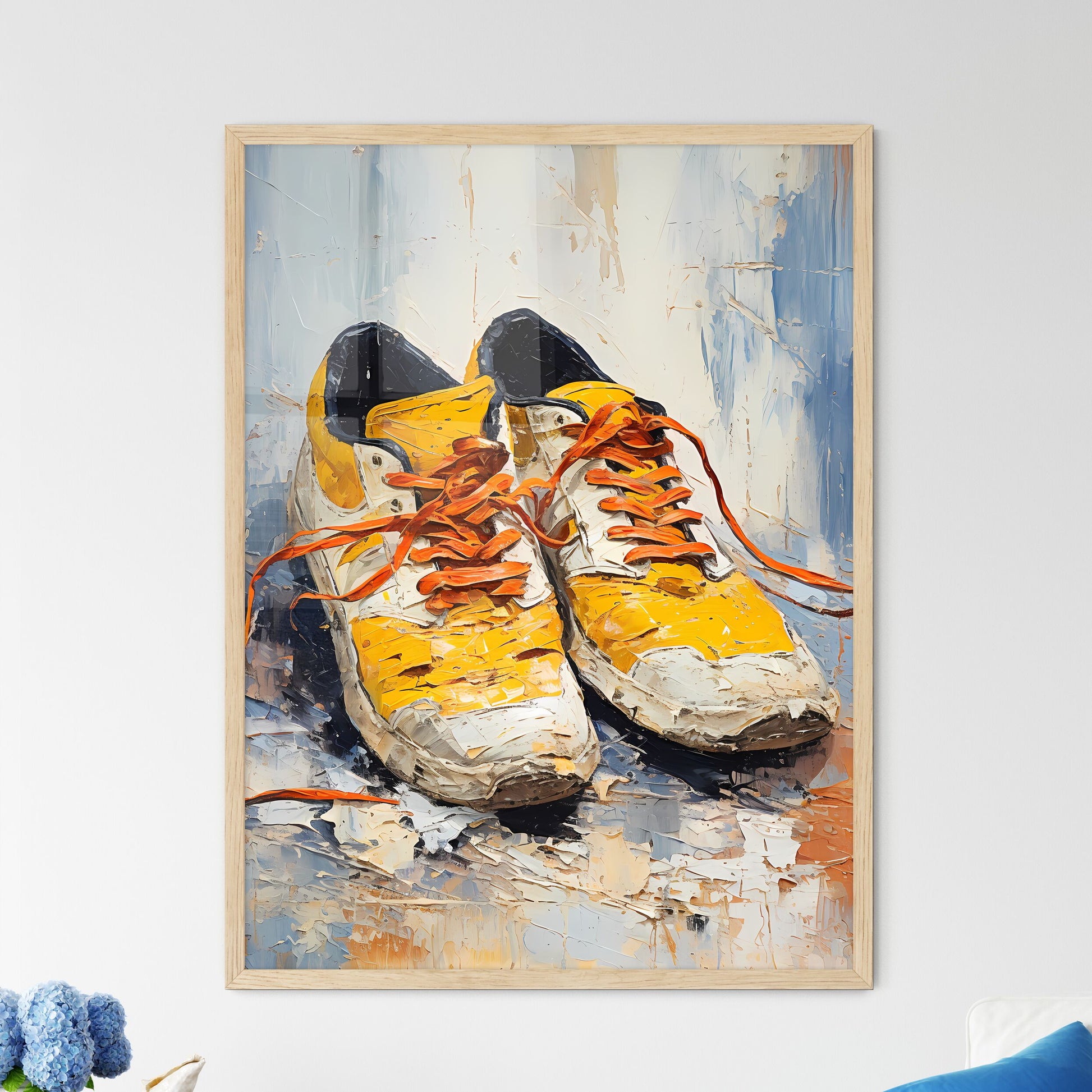 Pair Of Yellow And Black Shoes With Orange Laces Art Print Default Title