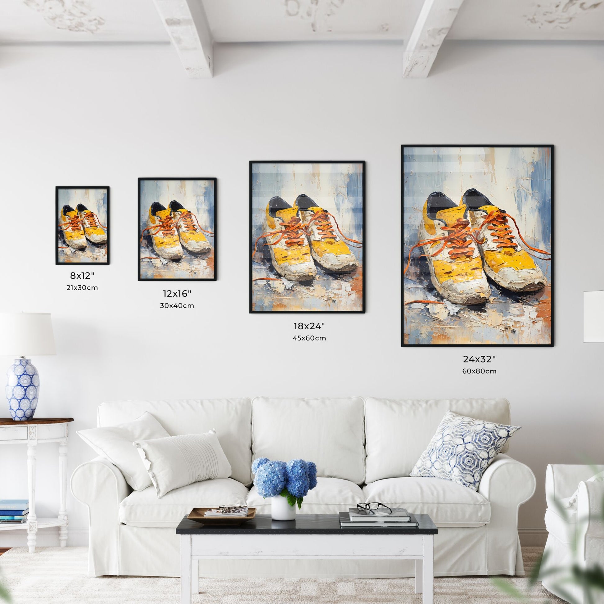 Pair Of Yellow And Black Shoes With Orange Laces Art Print Default Title