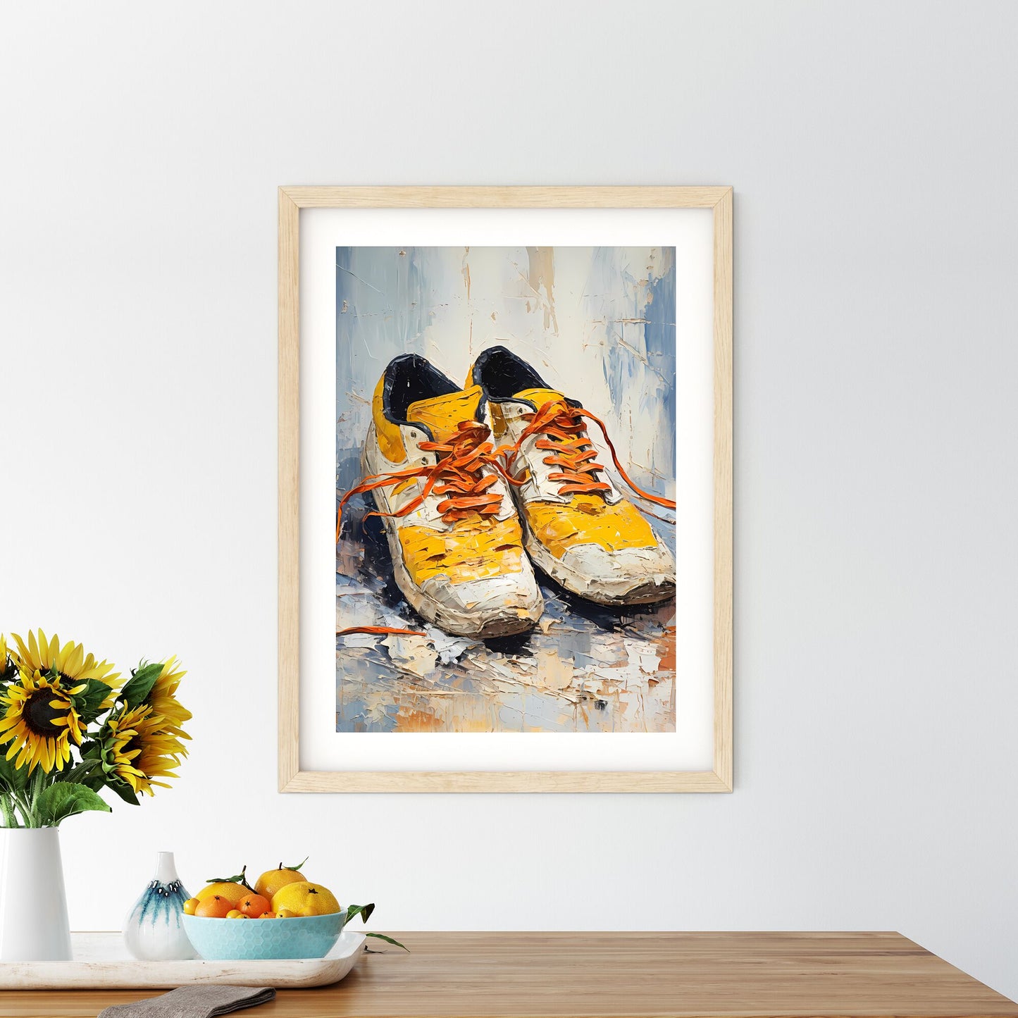 Pair Of Yellow And Black Shoes With Orange Laces Art Print Default Title