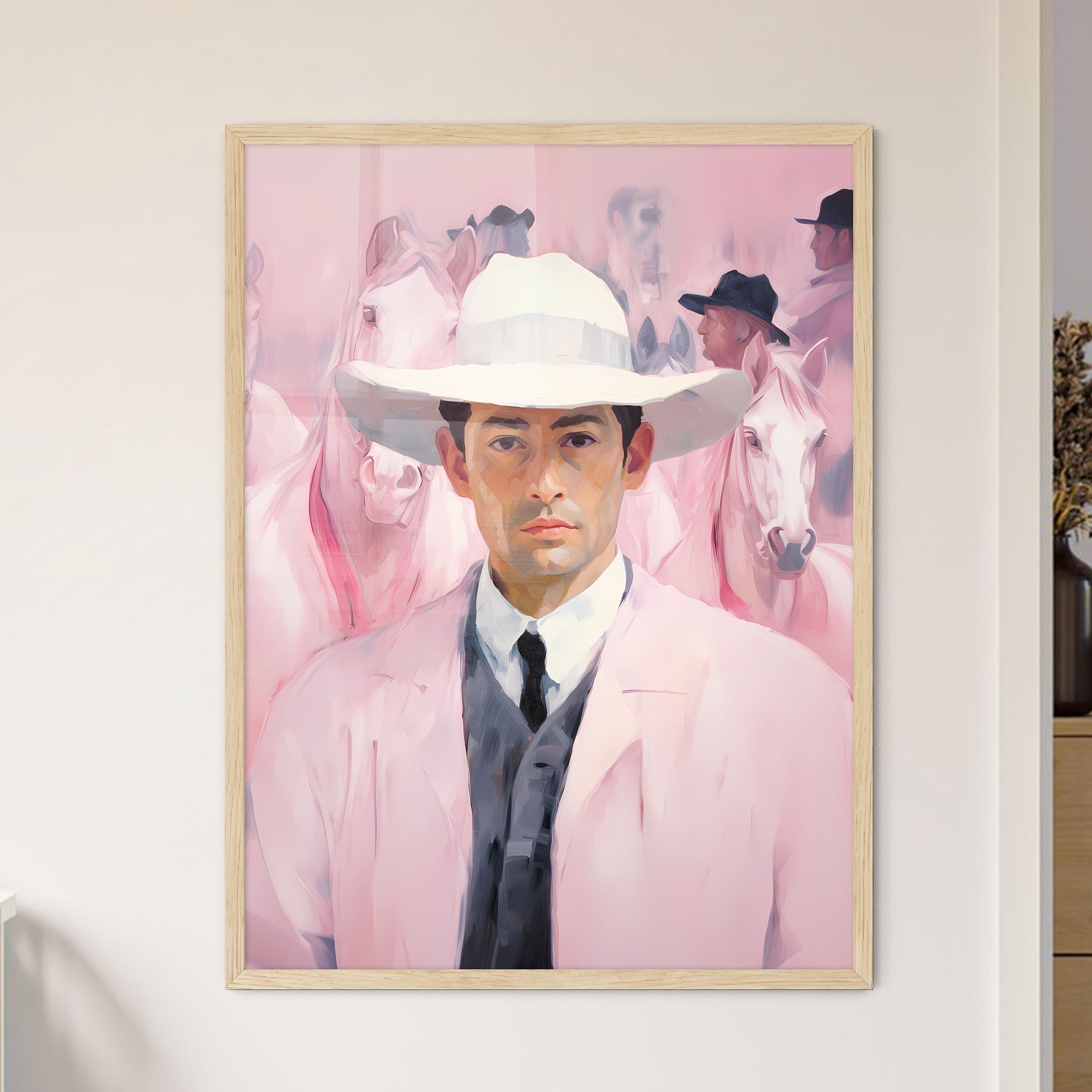 Man In A Hat And Tie With Horses In The Background Art Print Default Title