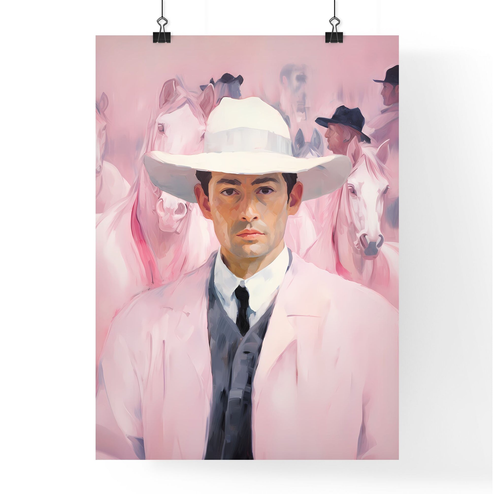 Man In A Hat And Tie With Horses In The Background Art Print Default Title