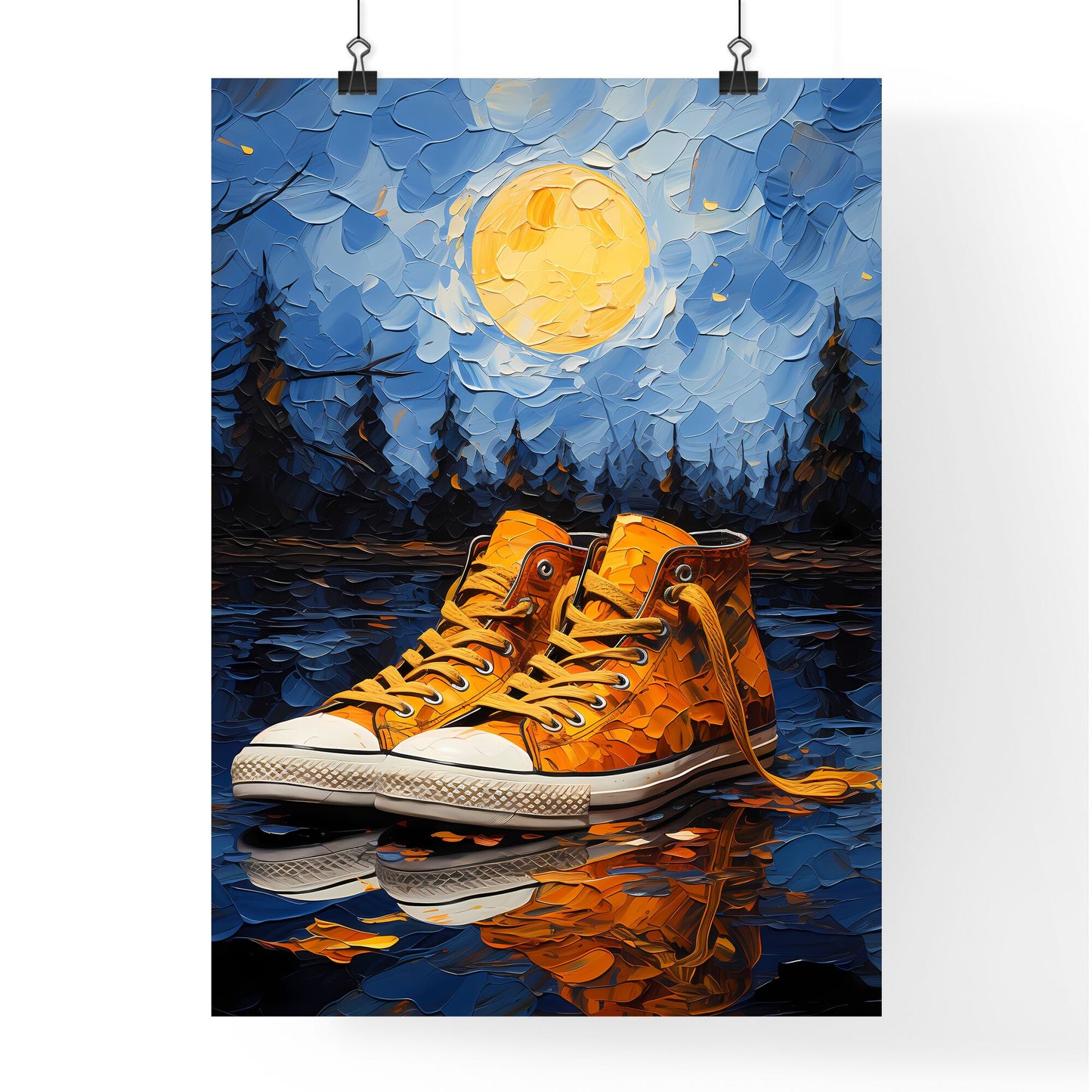 Pair Of Yellow Sneakers On A Reflective Surface Art Print Default Title