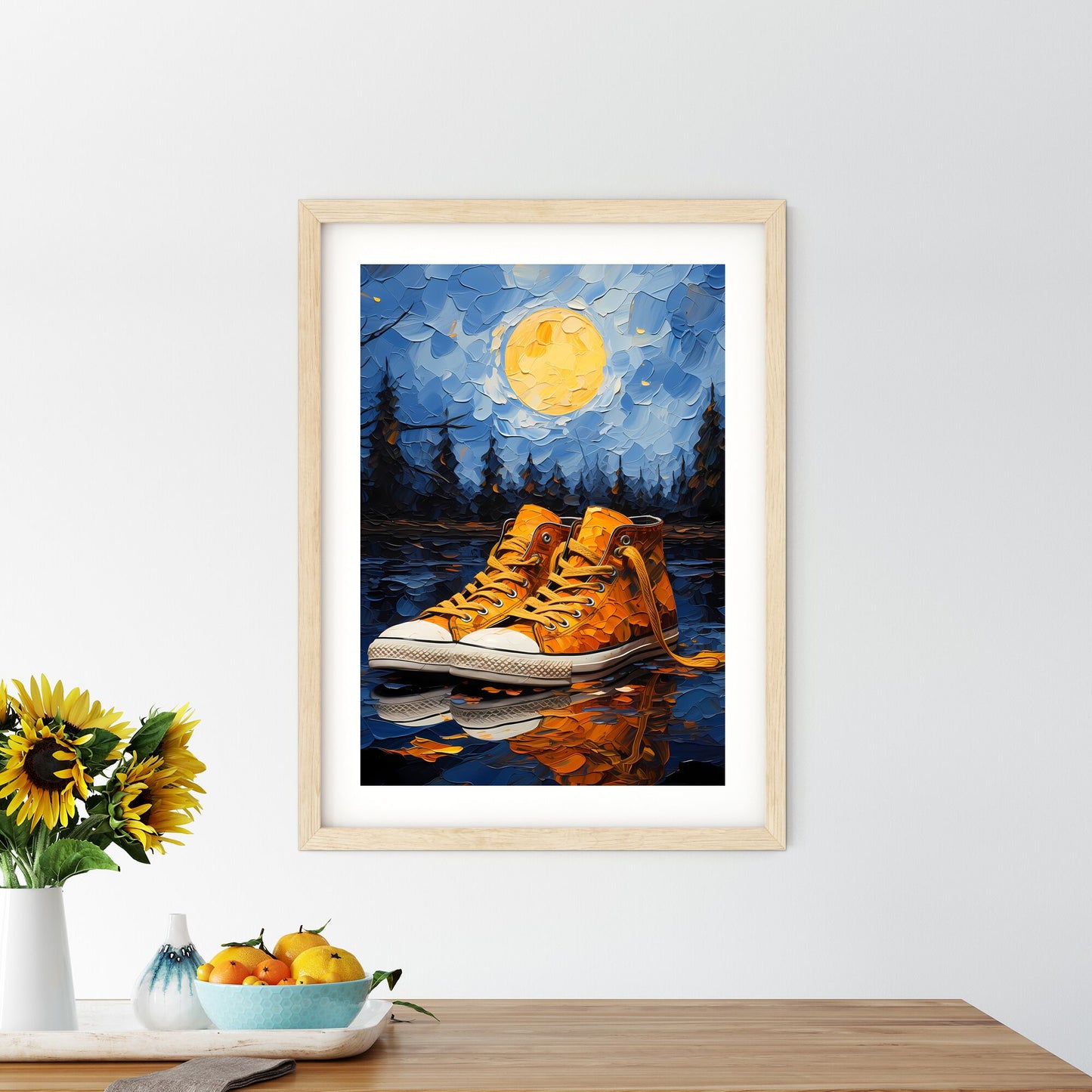 Pair Of Yellow Sneakers On A Reflective Surface Art Print Default Title