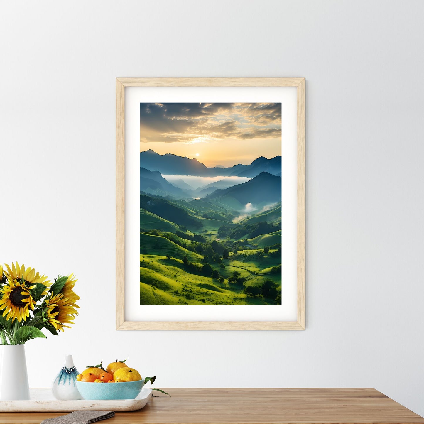 Green Hills With Trees And Mountains In The Background Art Print Default Title