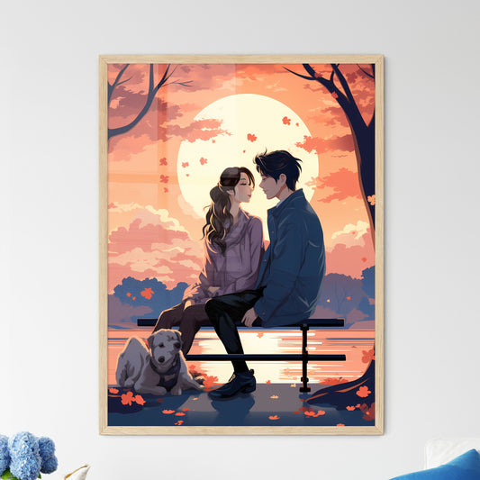 Man And Woman Sitting On A Bench With A Dog Art Print Default Title