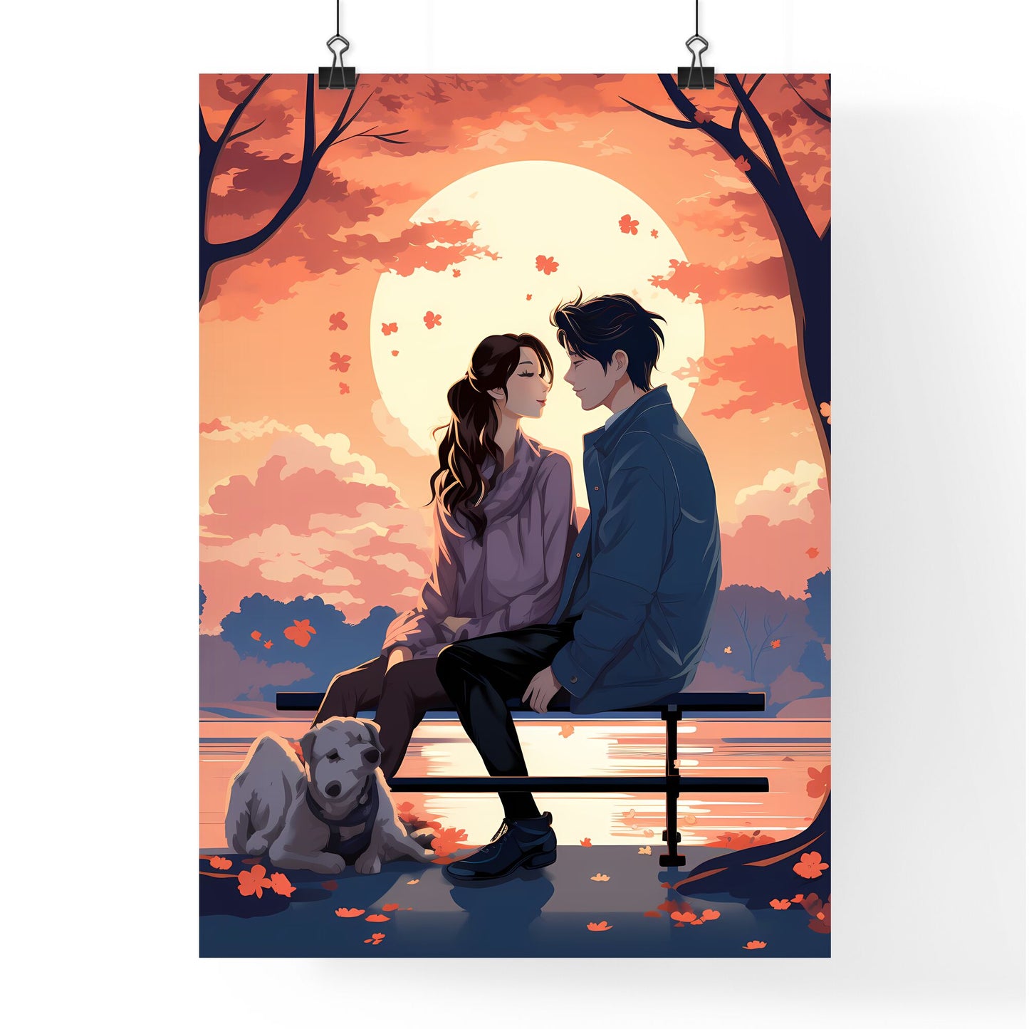 Man And Woman Sitting On A Bench With A Dog Art Print Default Title