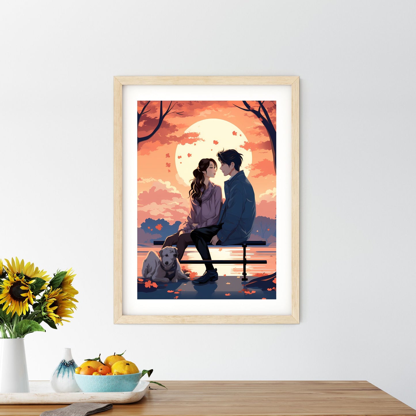 Man And Woman Sitting On A Bench With A Dog Art Print Default Title