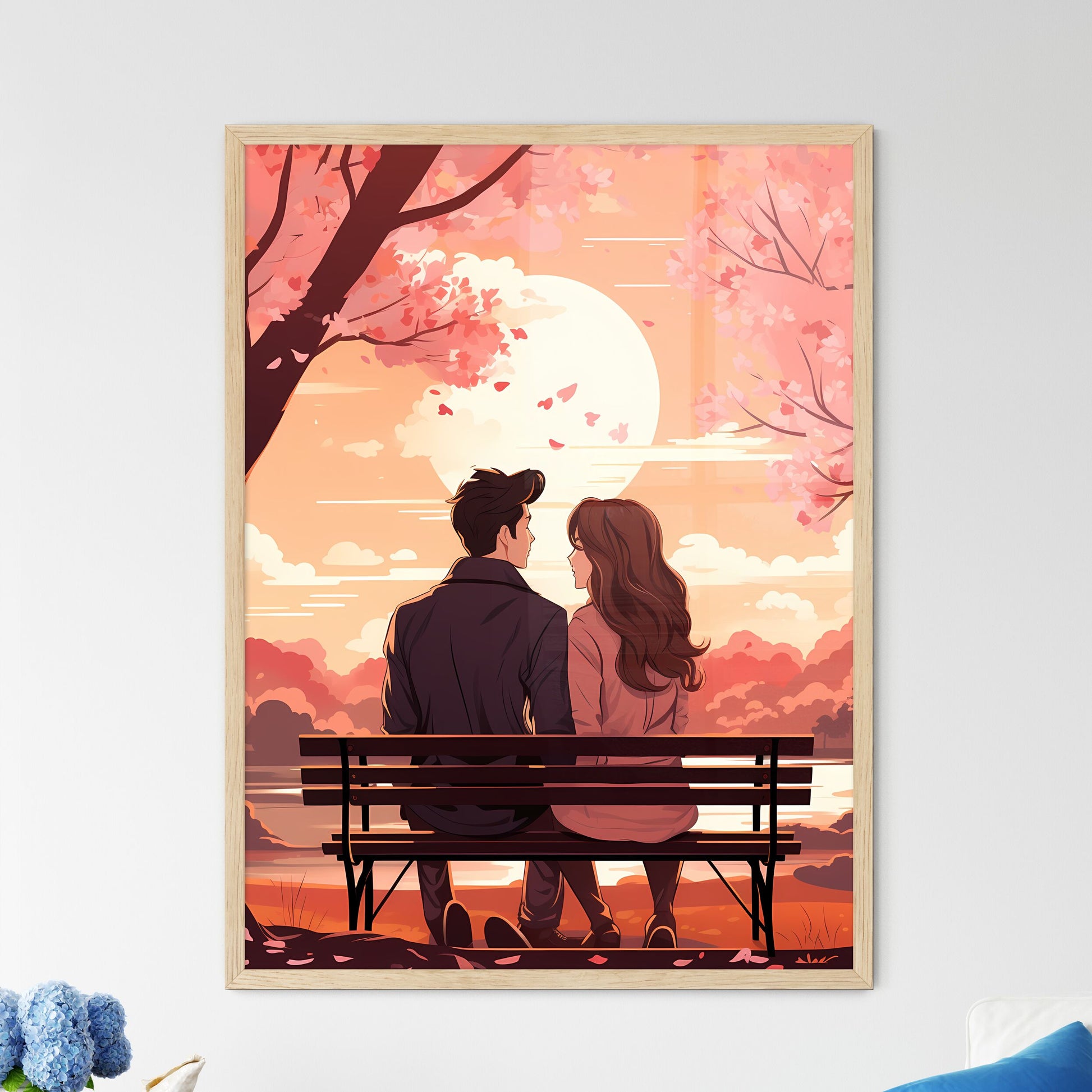 Man And Woman Sitting On A Bench Looking At The Sun Art Print Default Title